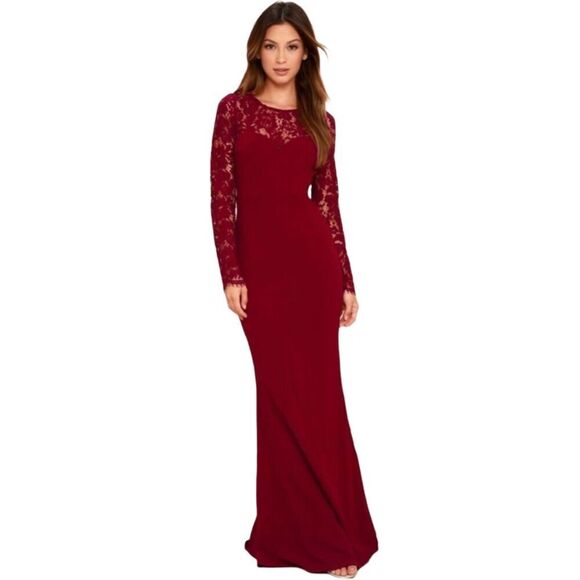 Lulus Whenever You Call Lace Open Back Maxi Dress Gown Red Medium - Picture 2 of 15
